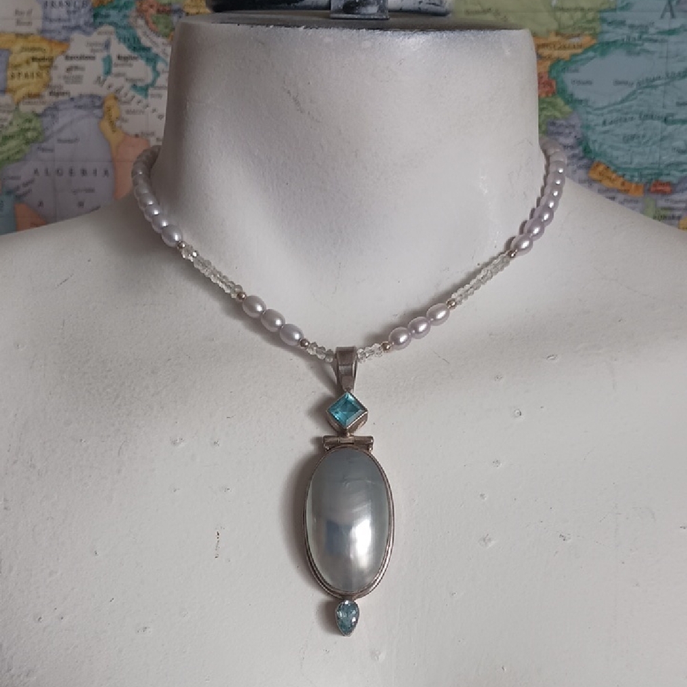 Silver Pearl and Blue Topaz Necklace